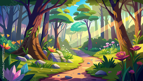 A beautiful spring morning paints the forest floor with light. The landscape feels alive, buzzing with color, filled with fragrant air and vibrant nature in motion.