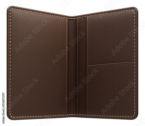 Open brown leather wallet with visible stitching and card slots on transparent background.