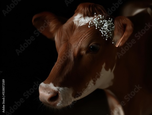 Cow with a flower on its head