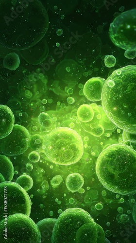 Microscopic View of Green Cells with Luminescent Bubbles