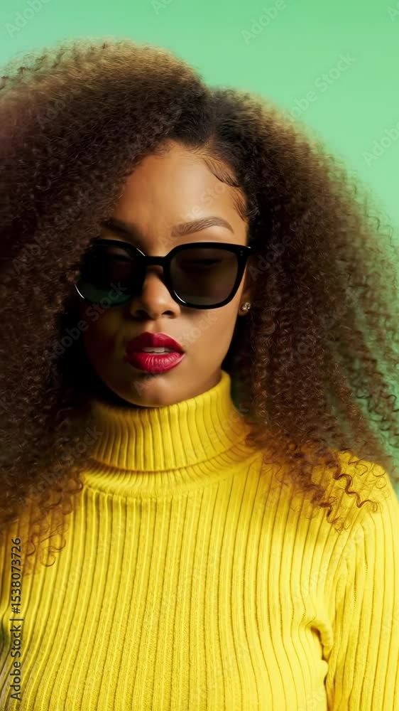 Confident young biracial woman with voluminous curly brown hair, red lipstick, black sunglasses, yellow ribbed turtleneck sweater, posing subtly against a vibrant green studio background with soft