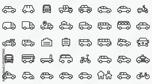 A comprehensive collection of meticulously crafted transportation icons featuring cars, trucks, buses, bicycles, and more ideal for app design, website development, and branding projects ensuring seam