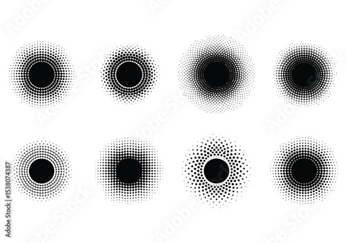 Eight Versatile Halftone Circle Designs Perfect for Branding Logos Website Design and More Available as Scalable Graphics for Easy Customization and Seamless Integration into Any Project, silhouette