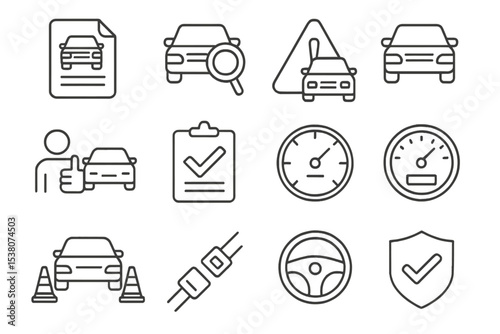 Overview of car inspection icons highlighting essential vehicle safety checks and processes in a clear and informative layout