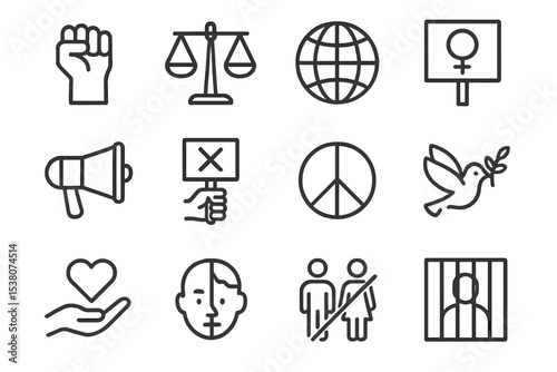 Activism symbols representing social justice, equality, and peace movements globally in a minimalist design