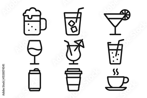 Various beverage icons illustrating popular drinks and cocktails designed in a minimalist style