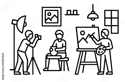 Creative studio setting with artists capturing moments and expressing their skills in pottery and painting during a bright afternoon