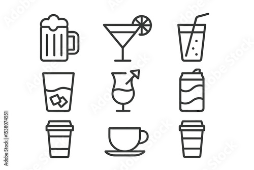 Variety of drinks including beer, cocktails, and coffee arranged in a neat grid for a stylish beverage menu display