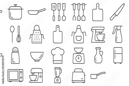 Kitchen utensils and appliances illustrated in a minimalist style for food preparation and cooking activities