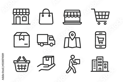 Collection of simple line icons representing shopping, delivery, and logistics in a minimalist style