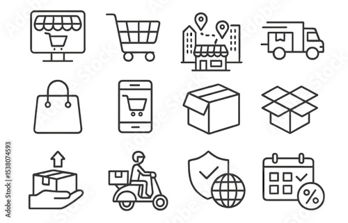 Online shopping icons represent e-commerce activities and delivery logistics in a modern retail environment
