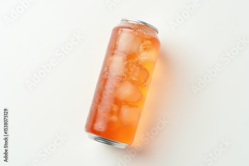 Flat lay of cold beverage can with ice cubes. Summer refreshing drink.