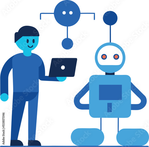 Help Desk Illustration With Human Agent And Machine Learning