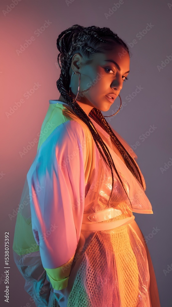 Fototapeta premium Curvy model with expressive eyes and braided hair, dressed in avant-garde high-fashion