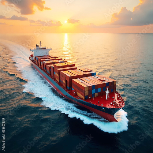 huge cointainer ship carrying stack of containers on the ocean againts sunset sky