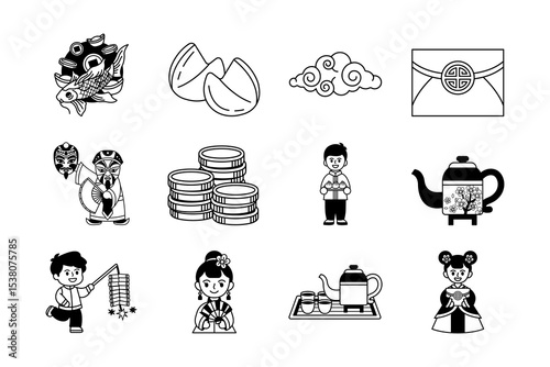 black and white illustration of chinese culture items collection