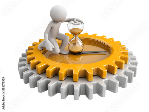 3 D Person with Hourglass on Gears isolated on a transparent background