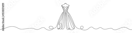 Black wedding dress on mannequin in single line art style. Editable minimalist dress drawing on white background. Vector illustration.