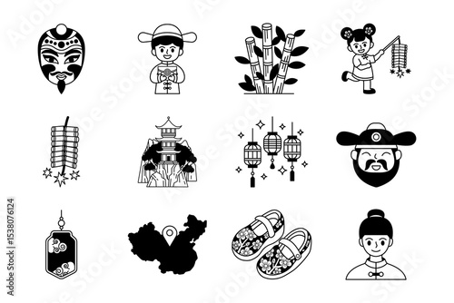 black and white illustration of chinese tradition culture icons collection