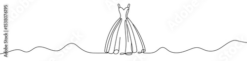 Black ball gown in single line art style. Editable minimalist dress drawing on white background. Vector illustration.
