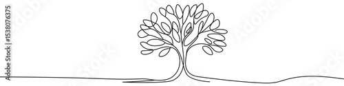 Black leafy tree in single line art style. Editable minimalist tree drawing on white background. Vector illustration.