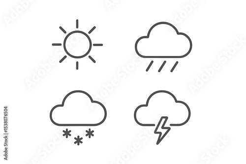 Weather symbols illustrating sun, rain, snow, and thunderstorm in a simple design on a plain background