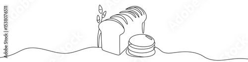 Black bread and pancakes with wheat ears in single line art style. Editable minimalist drawing on white background. Vector illustration.