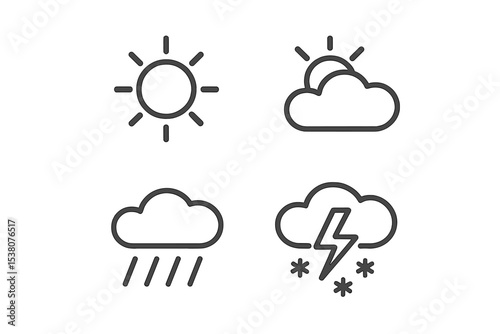 Weather icons depicting sun, clouds, rain, and lightning in a minimalist style for easy understanding and design purposes
