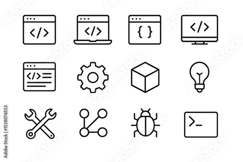 Collection of coding and software development icons featuring laptop, desktop, tools, and programming symbols for technology enthusiasts
