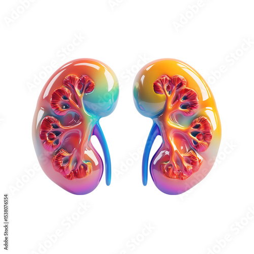 Colorful 3 D Human Kidneys isolated on a transparent background