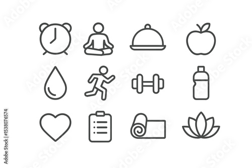Icons representing a balanced lifestyle and wellness practices for maintaining physical and mental health