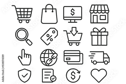 Collection of shopping and ecommerce icons illustrating various activities like buying, searching, and payment methods