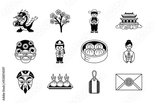 black and white illustration of chinese tradition culture items collection