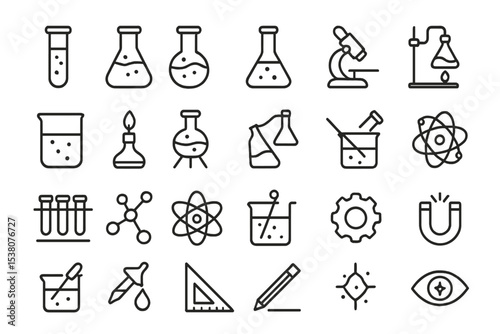 Symbols of scientific exploration with laboratory equipment and icons for chemistry and physics