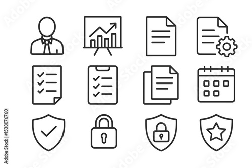Icons representing business concepts and operations in a modern, minimalistic design for professional use