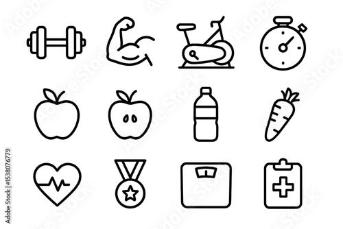 Workout and nutrition symbols showcase health and fitness essentials for a balanced lifestyle