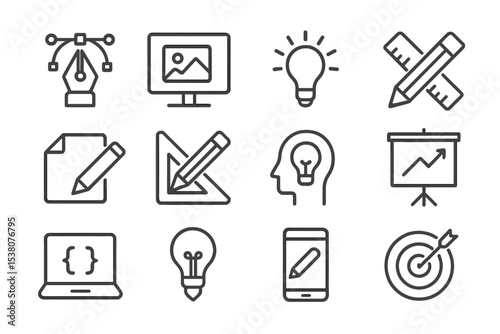Creative design tools and elements for graphic design arranged in a grid format