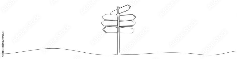 Obraz premium Black road sign with many arrows in one line art style. Signpost drawing with editable stroke on white background. Vector illustration.