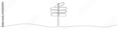 Black road sign with many arrows in one line art style. Signpost drawing with editable stroke on white background. Vector illustration.