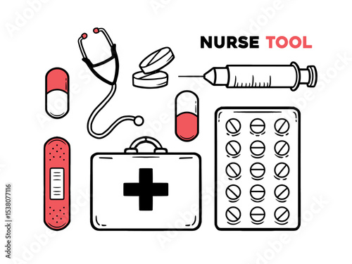 Hand drawn icon nurse tools illustrations set