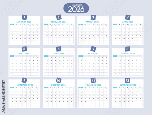 Year 2026 calendar template clipart set. Monthly calendar lay out for 2026 year clip art with 12 months pages collection for planner, schedule and to do list simple design vector illustration. 
