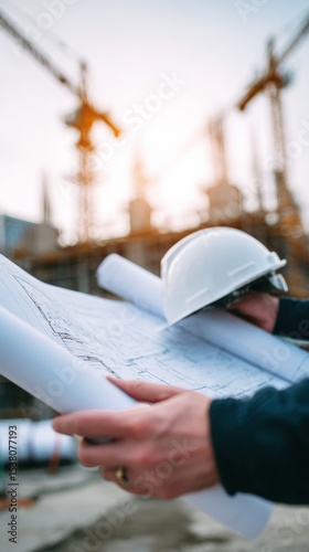 Construction Worker Reviewing Blueprints at a Building Site