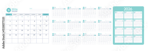 Year 2026 calendar template clipart set. Collection of 2026 monthly pages calendar planner templates and annual date clip art minimalist design vector illustration. 
