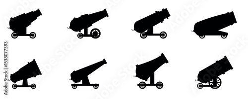 Cannon retro guns. Military pirate aggression artillery heavy medieval fight weapons vector, cannon weapon, gun vintage with wheel. vector illustration