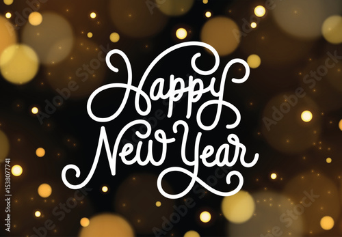 Happy new year greeting script clipart background. Calligraphy text for new year in elegant shiny bokeh background for flyers, poster and calendar template clip art vector illustration.   
