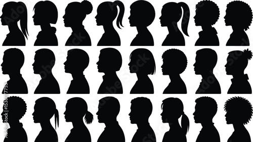 A diverse collection of scalable head silhouettes perfect for profile icons website design branding projects or user interface elements offering a variety of hairstyles and gender representations