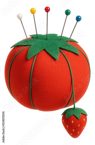 Red tomato-shaped pincushion with colorful pins and a strawberry-shaped decoration on transparent background.