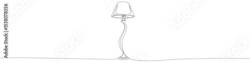 Black floor lamp in one line art style. Lamp drawing with editable stroke on white background. Vector illustration.