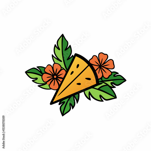 slice surrounded by tropical flowers