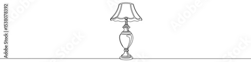 Black floor lamp in one line art style. Lamp drawing with editable stroke on white background. Vector illustration.